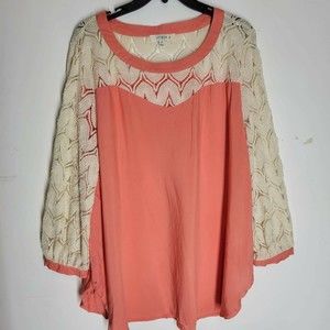 Umgee Womens Blouse Orange White Long Sleeve Scoop Neck Lace Plus 1XL
